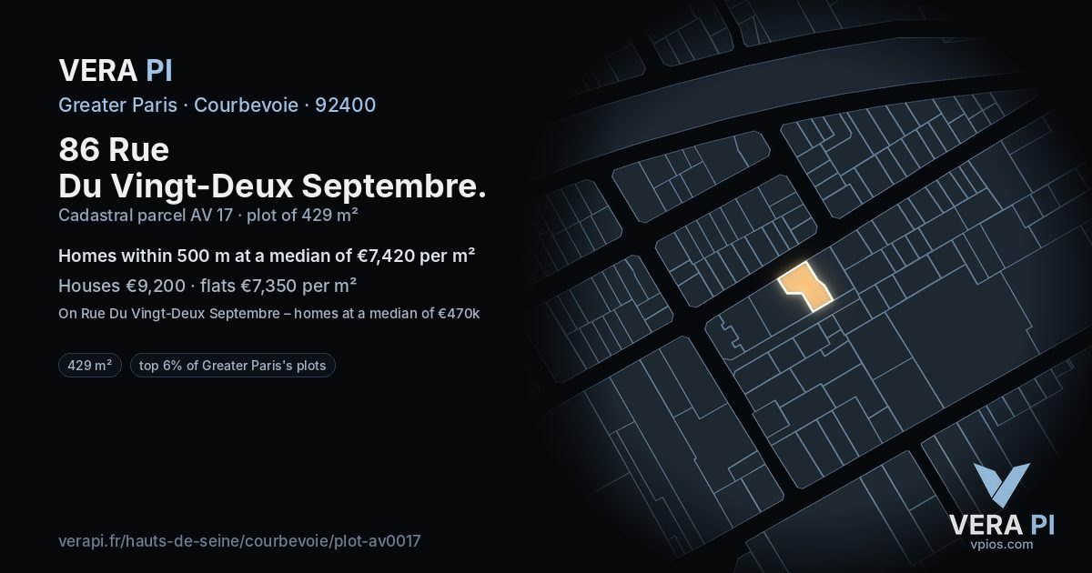 86 Rue Du Vingt-Deux Septembre, Courbevoie at night – the plot lit, the parcels around coloured by the prices near them