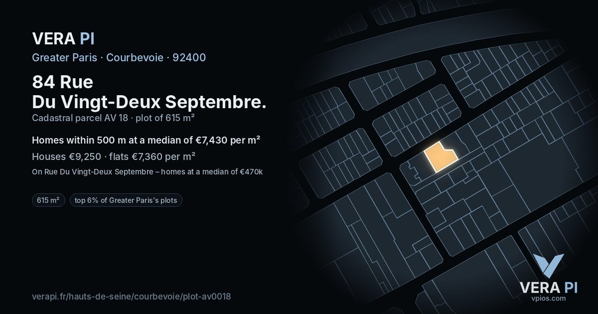84 Rue Du Vingt-Deux Septembre, Courbevoie at night – the plot lit, the parcels around coloured by the prices near them