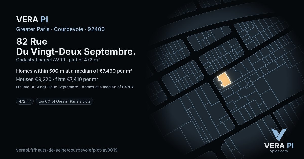 82 Rue Du Vingt-Deux Septembre, Courbevoie at night – the plot lit, the parcels around coloured by the prices near them