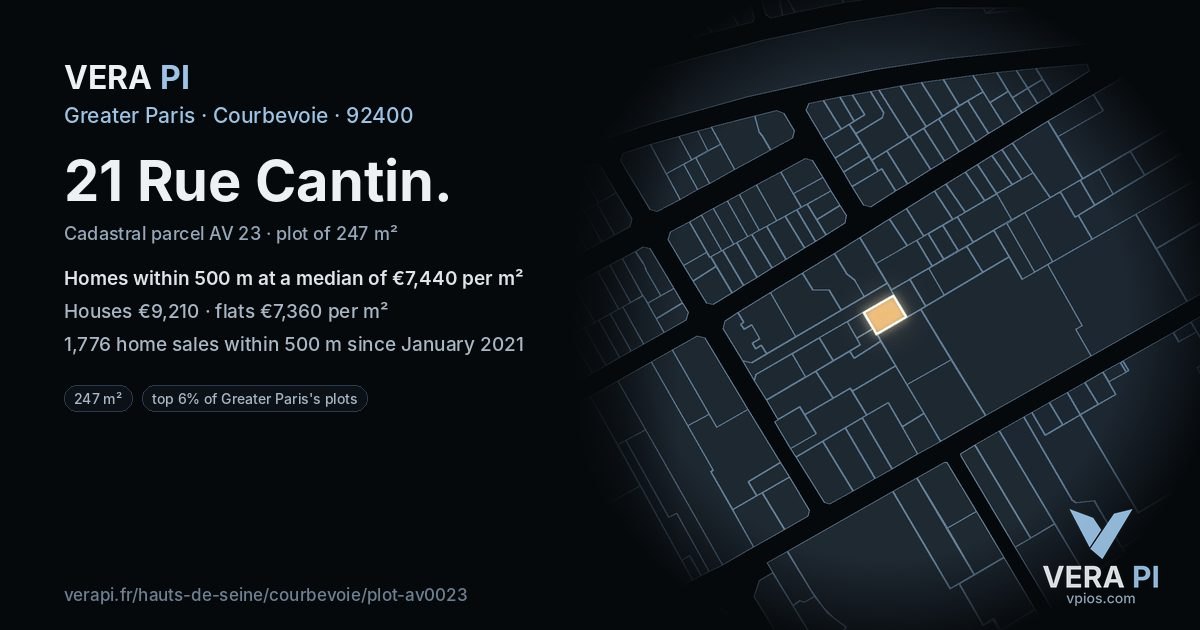 21 Rue Cantin, Courbevoie at night – the plot lit, the parcels around coloured by the prices near them