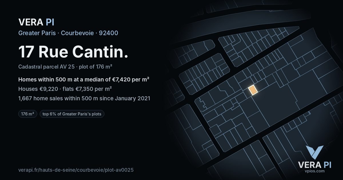 17 Rue Cantin, Courbevoie at night – the plot lit, the parcels around coloured by the prices near them