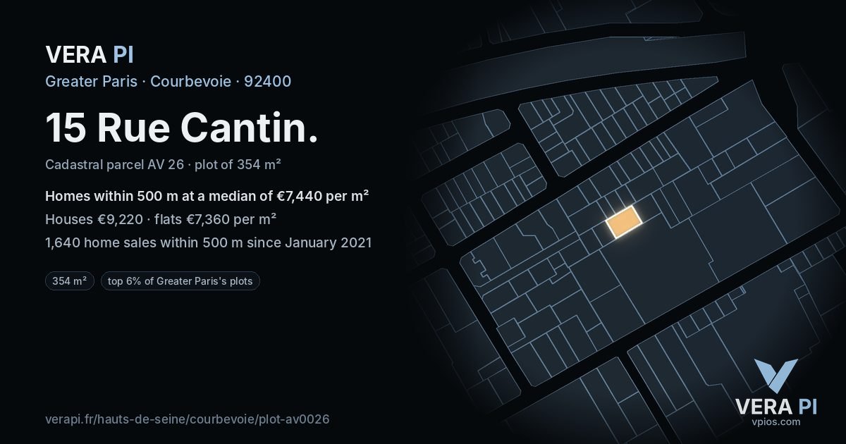 15 Rue Cantin, Courbevoie at night – the plot lit, the parcels around coloured by the prices near them