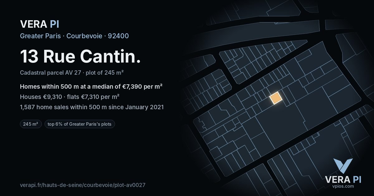 13 Rue Cantin, Courbevoie at night – the plot lit, the parcels around coloured by the prices near them