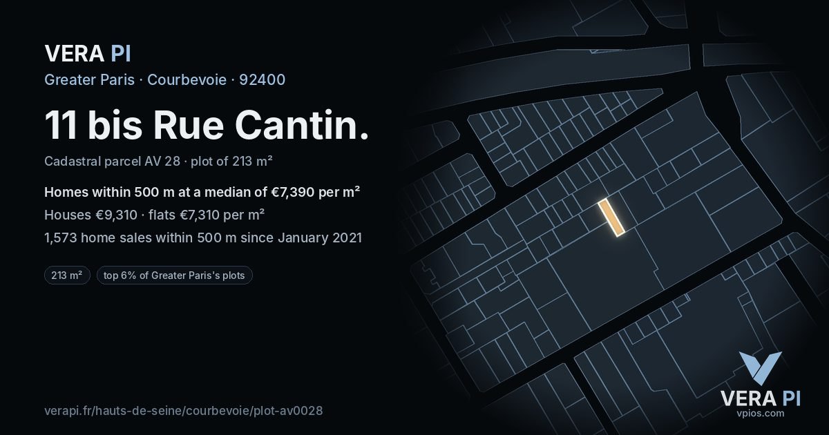 11 bis Rue Cantin, Courbevoie at night – the plot lit, the parcels around coloured by the prices near them