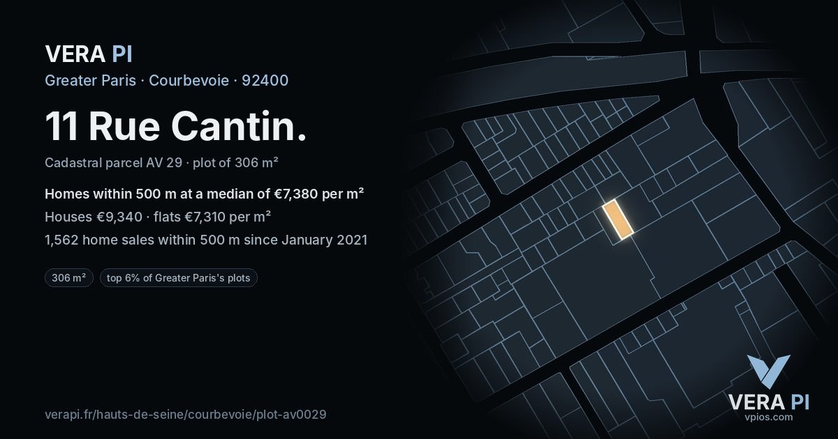 11 Rue Cantin, Courbevoie at night – the plot lit, the parcels around coloured by the prices near them