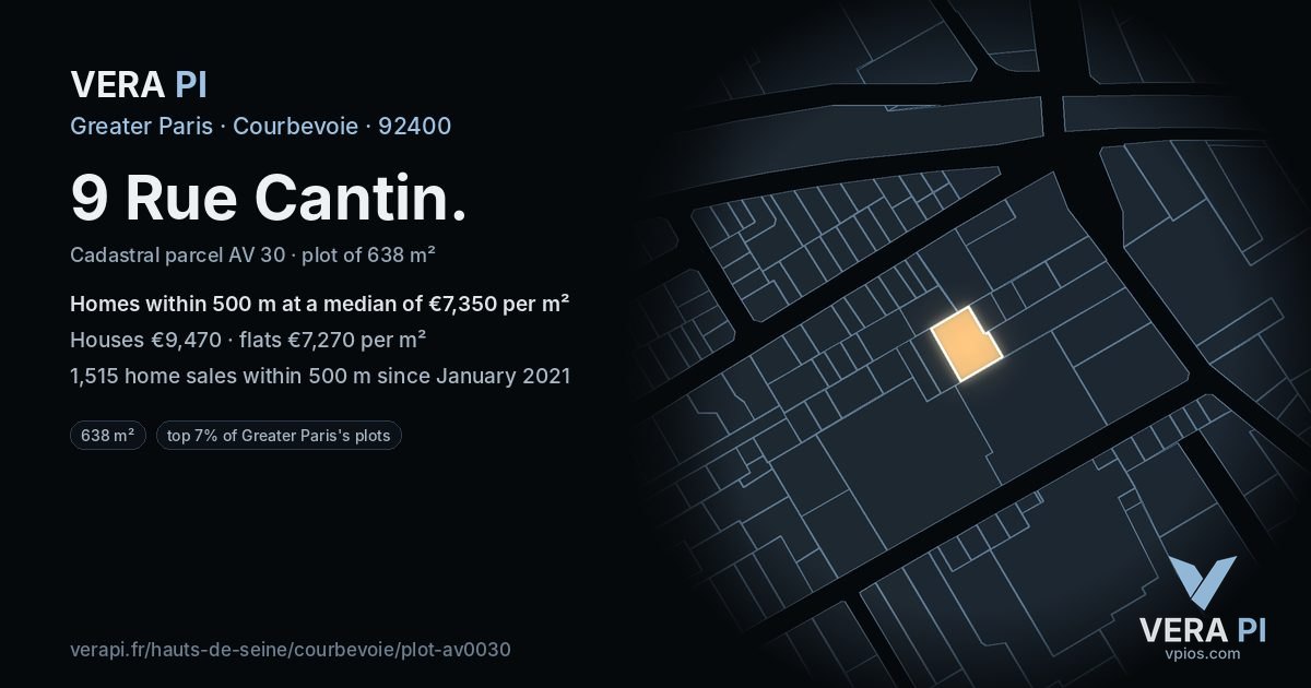 9 Rue Cantin, Courbevoie at night – the plot lit, the parcels around coloured by the prices near them