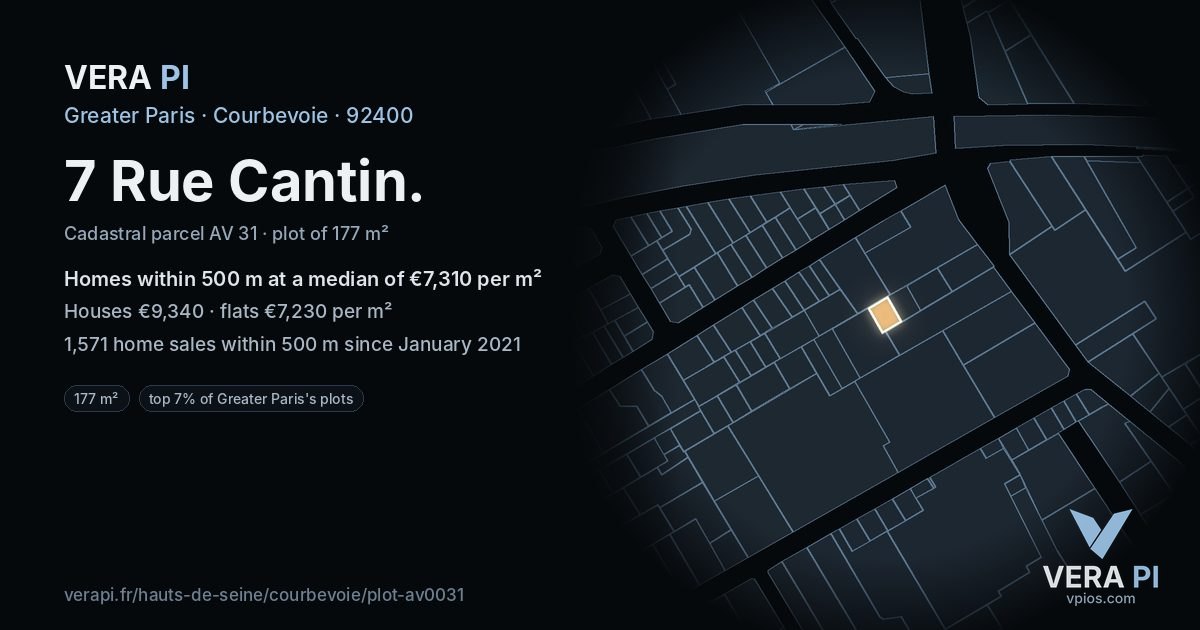 7 Rue Cantin, Courbevoie at night – the plot lit, the parcels around coloured by the prices near them