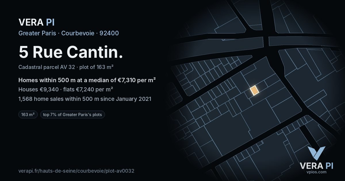 5 Rue Cantin, Courbevoie at night – the plot lit, the parcels around coloured by the prices near them