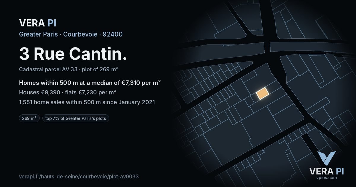 3 Rue Cantin, Courbevoie at night – the plot lit, the parcels around coloured by the prices near them