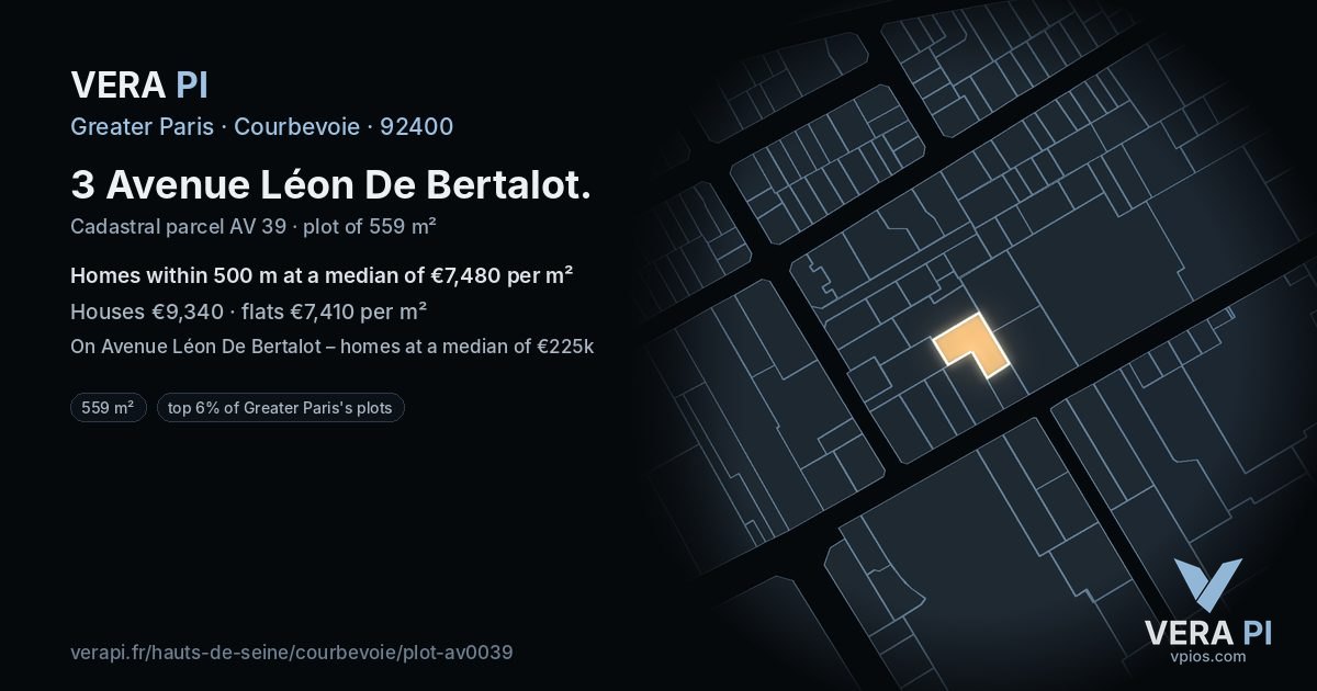 3 Avenue Léon De Bertalot, Courbevoie at night – the plot lit, the parcels around coloured by the prices near them