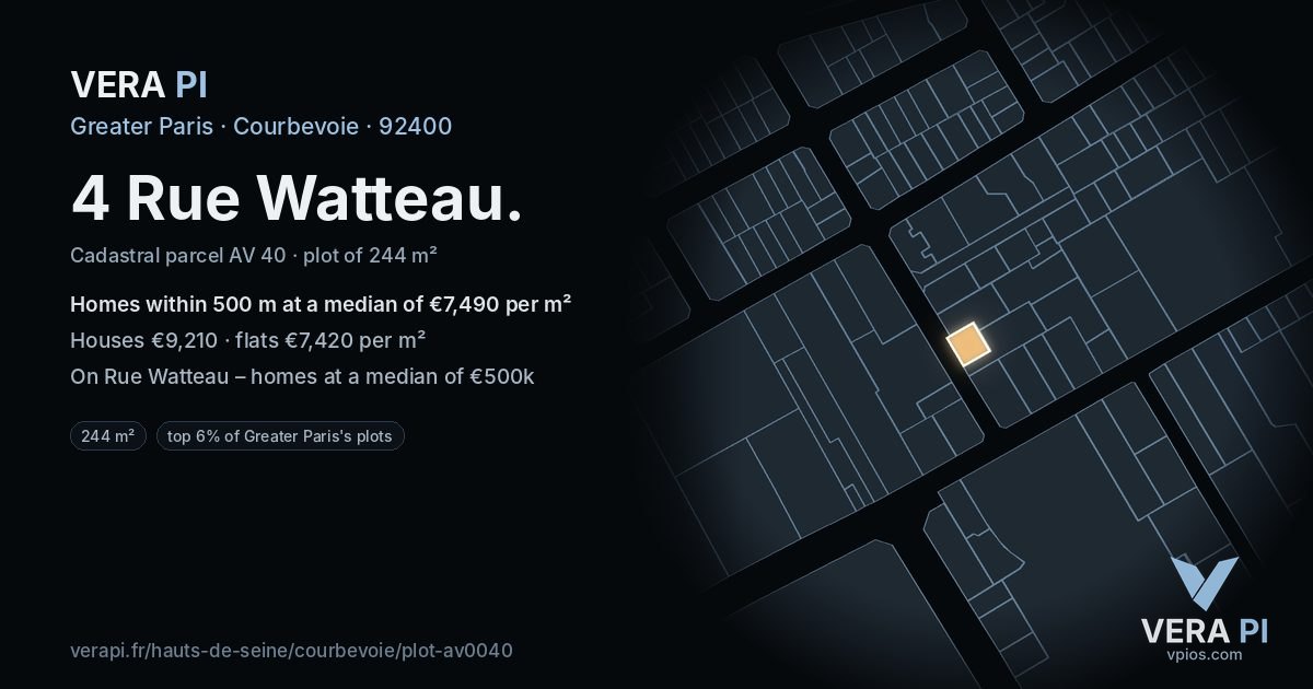 4 Rue Watteau, Courbevoie at night – the plot lit, the parcels around coloured by the prices near them