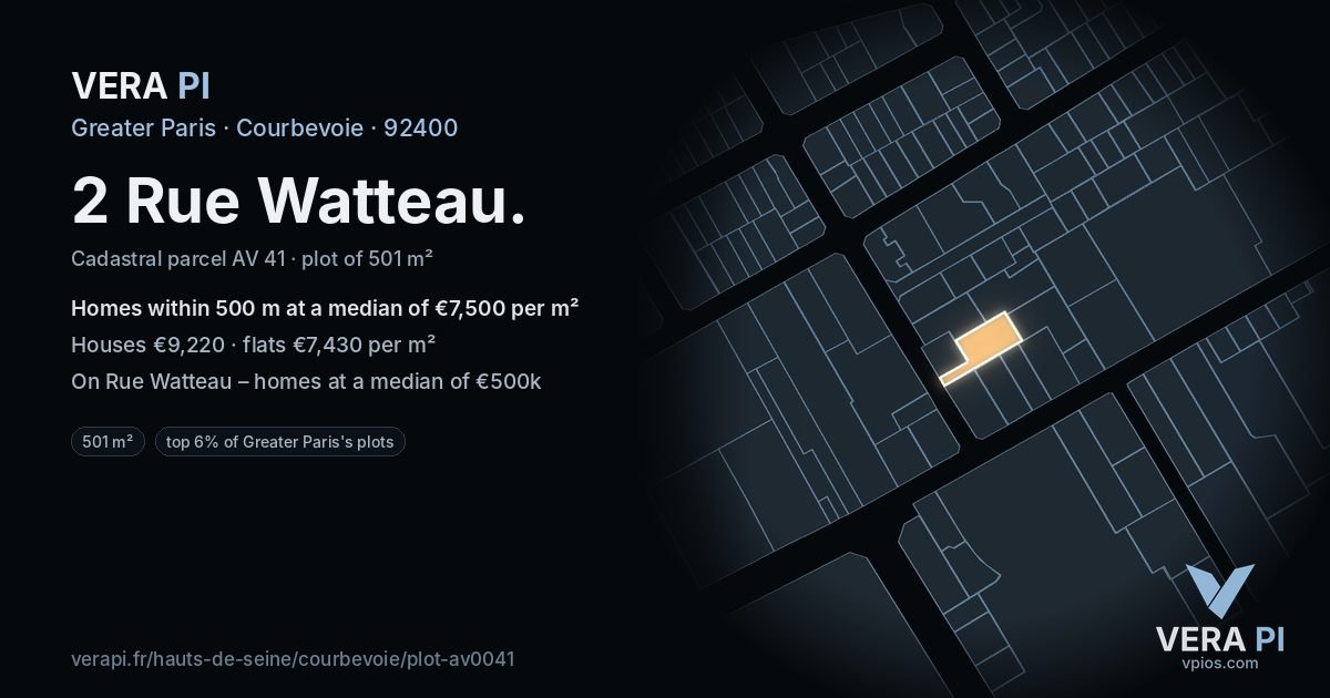 2 Rue Watteau, Courbevoie at night – the plot lit, the parcels around coloured by the prices near them