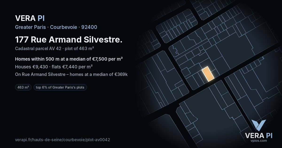 177 Rue Armand Silvestre, Courbevoie at night – the plot lit, the parcels around coloured by the prices near them