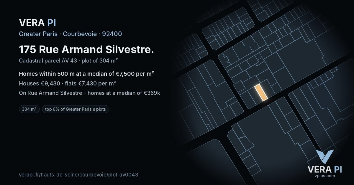 175 Rue Armand Silvestre, Courbevoie at night – the plot lit, the parcels around coloured by the prices near them
