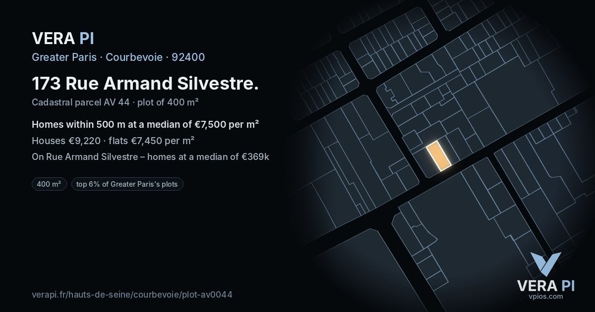 173 Rue Armand Silvestre, Courbevoie at night – the plot lit, the parcels around coloured by the prices near them