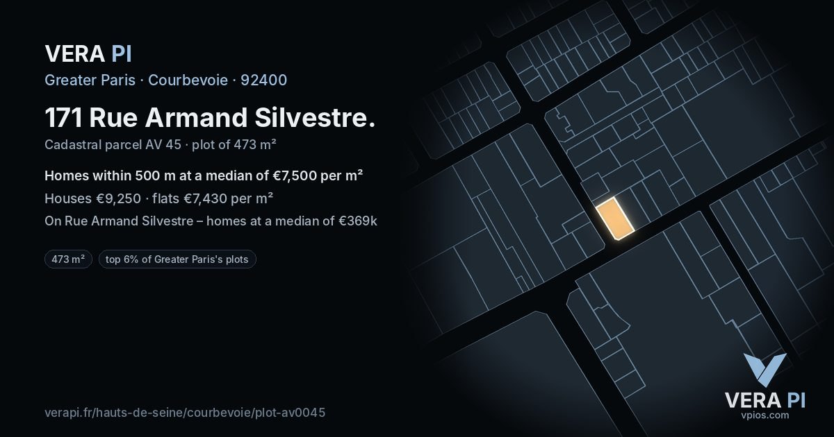 171 Rue Armand Silvestre, Courbevoie at night – the plot lit, the parcels around coloured by the prices near them