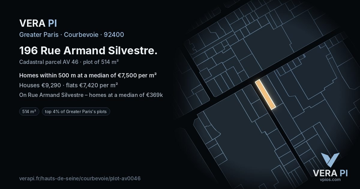 196 Rue Armand Silvestre, Courbevoie at night – the plot lit, the parcels around coloured by the prices near them