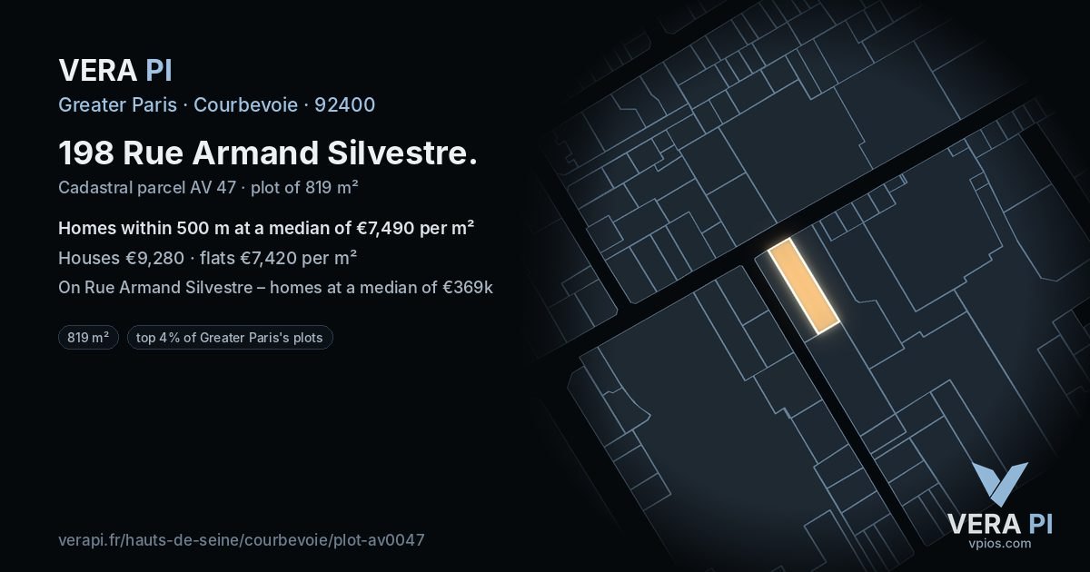 198 Rue Armand Silvestre, Courbevoie at night – the plot lit, the parcels around coloured by the prices near them