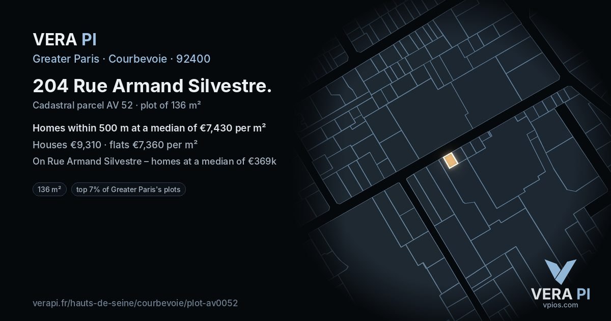 204 Rue Armand Silvestre, Courbevoie at night – the plot lit, the parcels around coloured by the prices near them