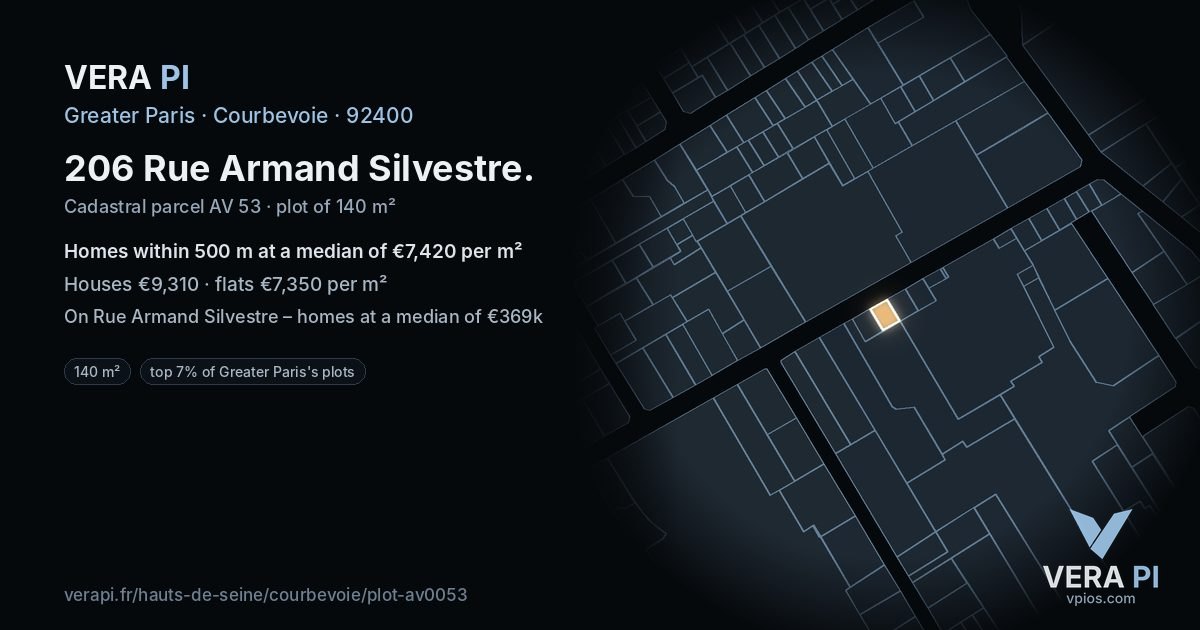 206 Rue Armand Silvestre, Courbevoie at night – the plot lit, the parcels around coloured by the prices near them