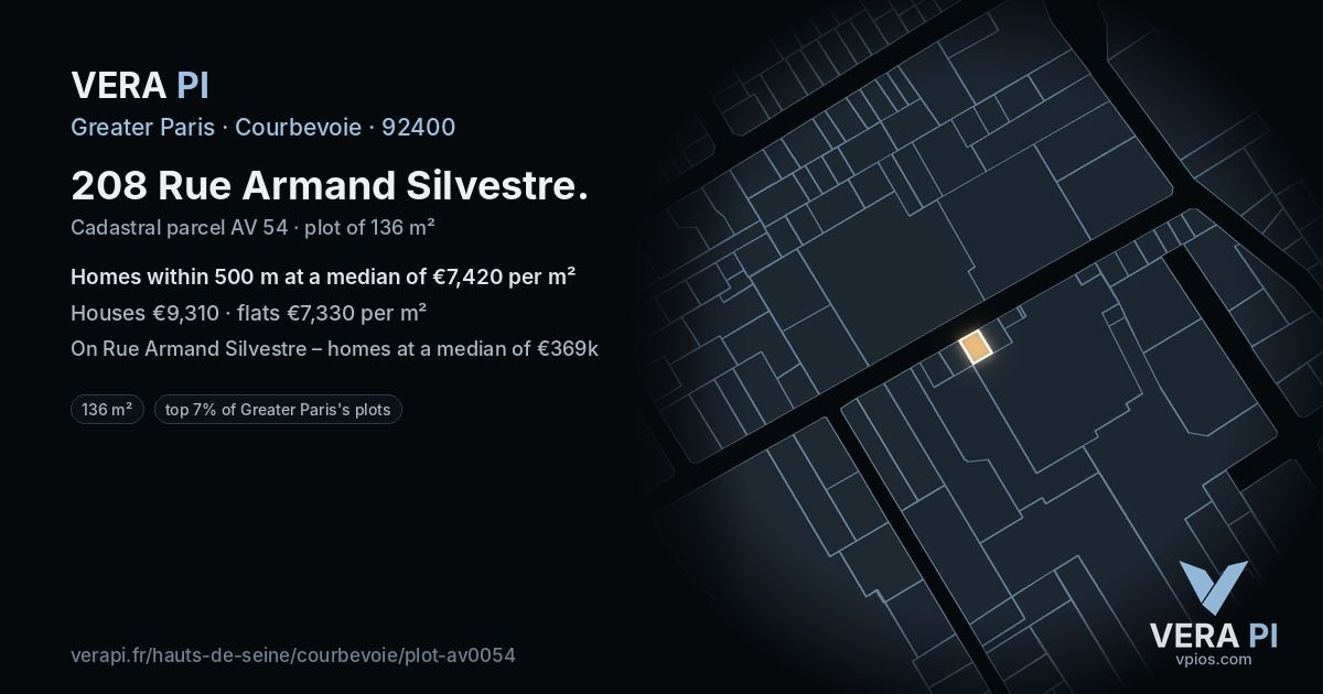 208 Rue Armand Silvestre, Courbevoie at night – the plot lit, the parcels around coloured by the prices near them