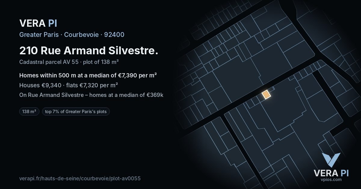 210 Rue Armand Silvestre, Courbevoie at night – the plot lit, the parcels around coloured by the prices near them