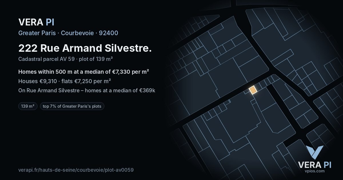 222 Rue Armand Silvestre, Courbevoie at night – the plot lit, the parcels around coloured by the prices near them