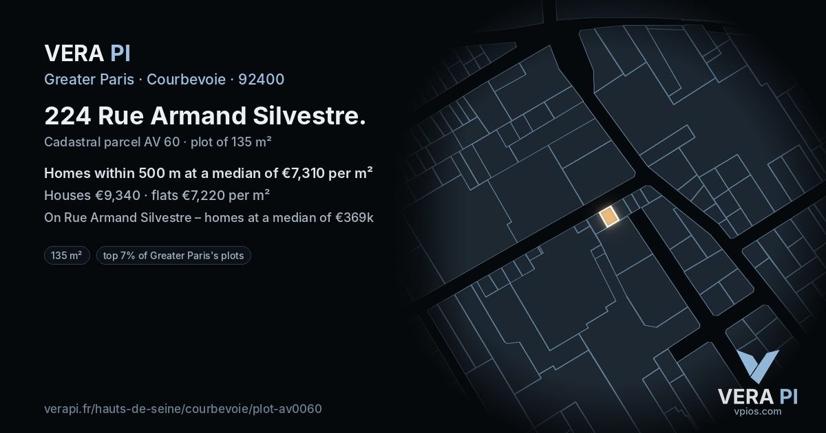 224 Rue Armand Silvestre, Courbevoie at night – the plot lit, the parcels around coloured by the prices near them