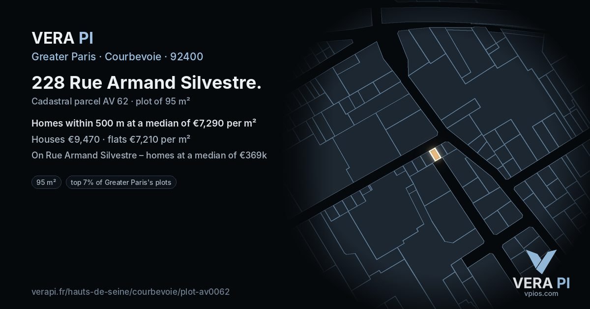 228 Rue Armand Silvestre, Courbevoie at night – the plot lit, the parcels around coloured by the prices near them
