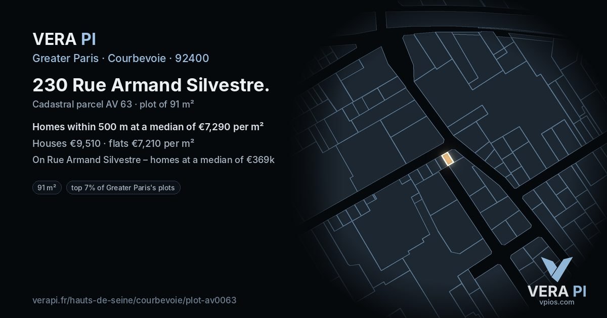 230 Rue Armand Silvestre, Courbevoie at night – the plot lit, the parcels around coloured by the prices near them