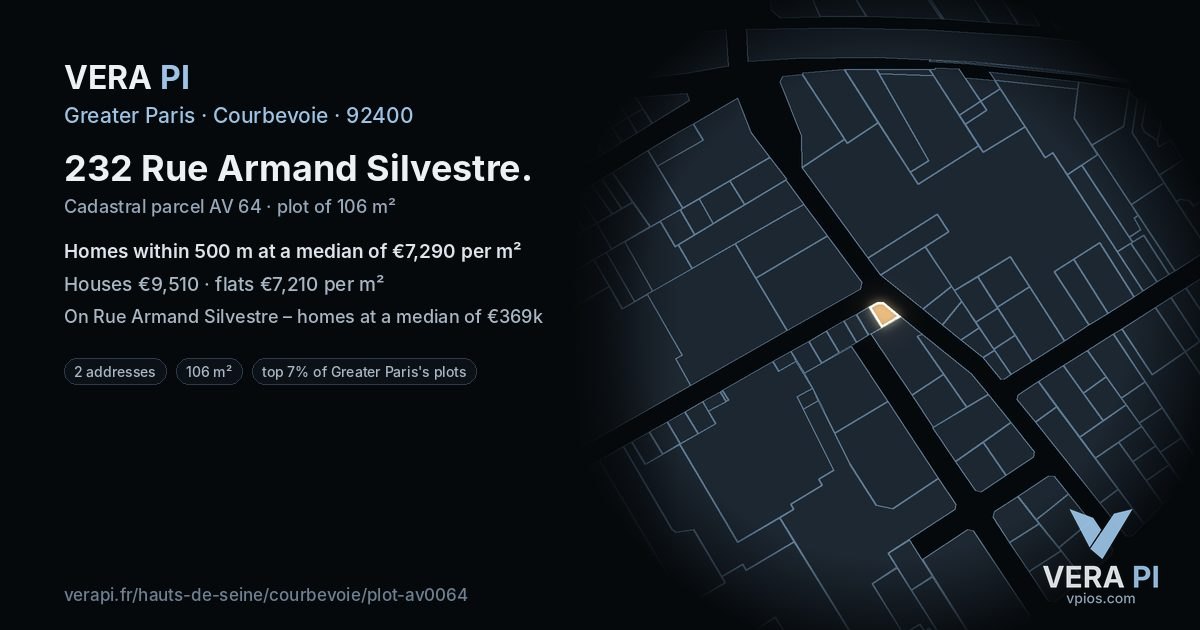 232 Rue Armand Silvestre, Courbevoie at night – the plot lit, the parcels around coloured by the prices near them