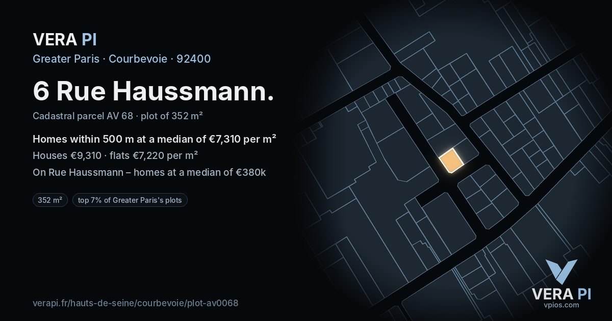 6 Rue Haussmann, Courbevoie at night – the plot lit, the parcels around coloured by the prices near them