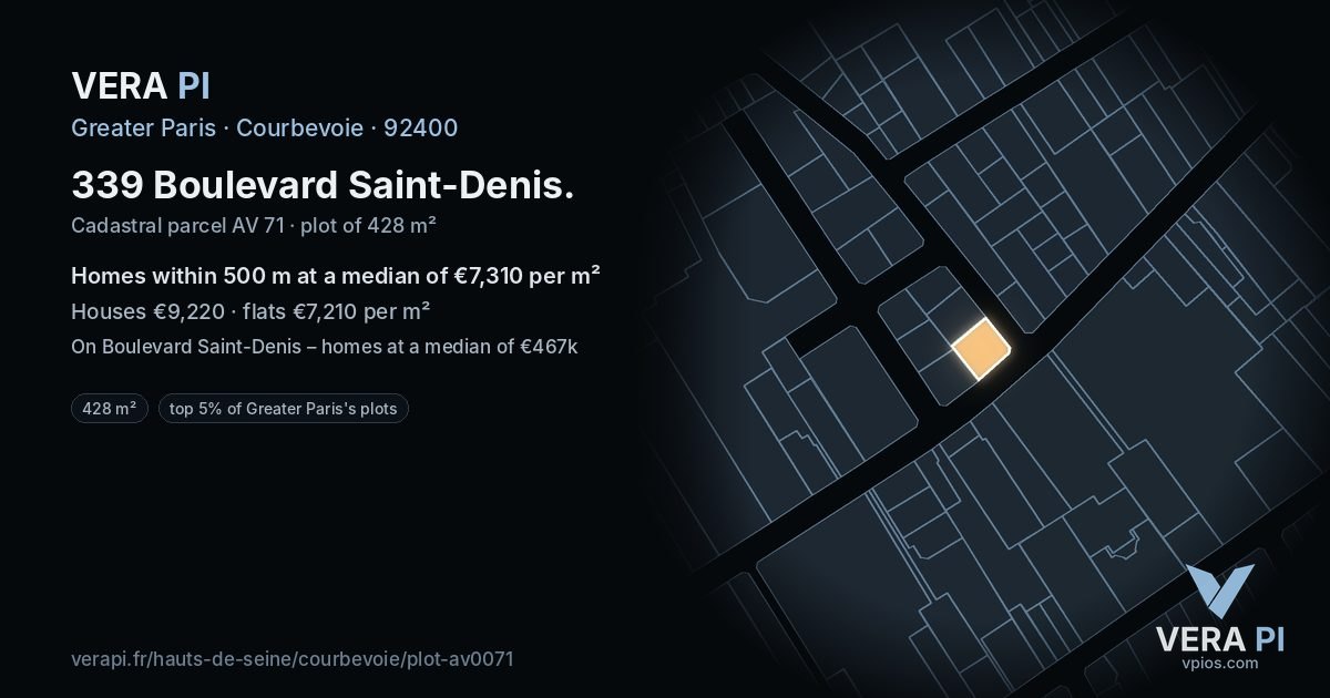 339 Boulevard Saint-Denis, Courbevoie at night – the plot lit, the parcels around coloured by the prices near them