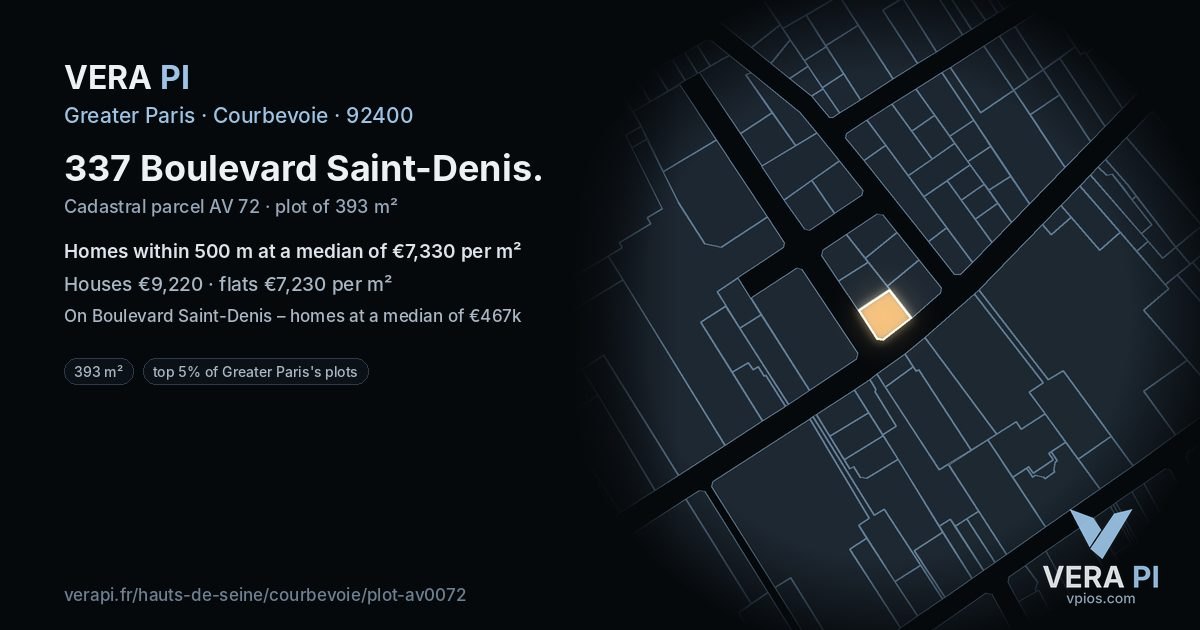 337 Boulevard Saint-Denis, Courbevoie at night – the plot lit, the parcels around coloured by the prices near them