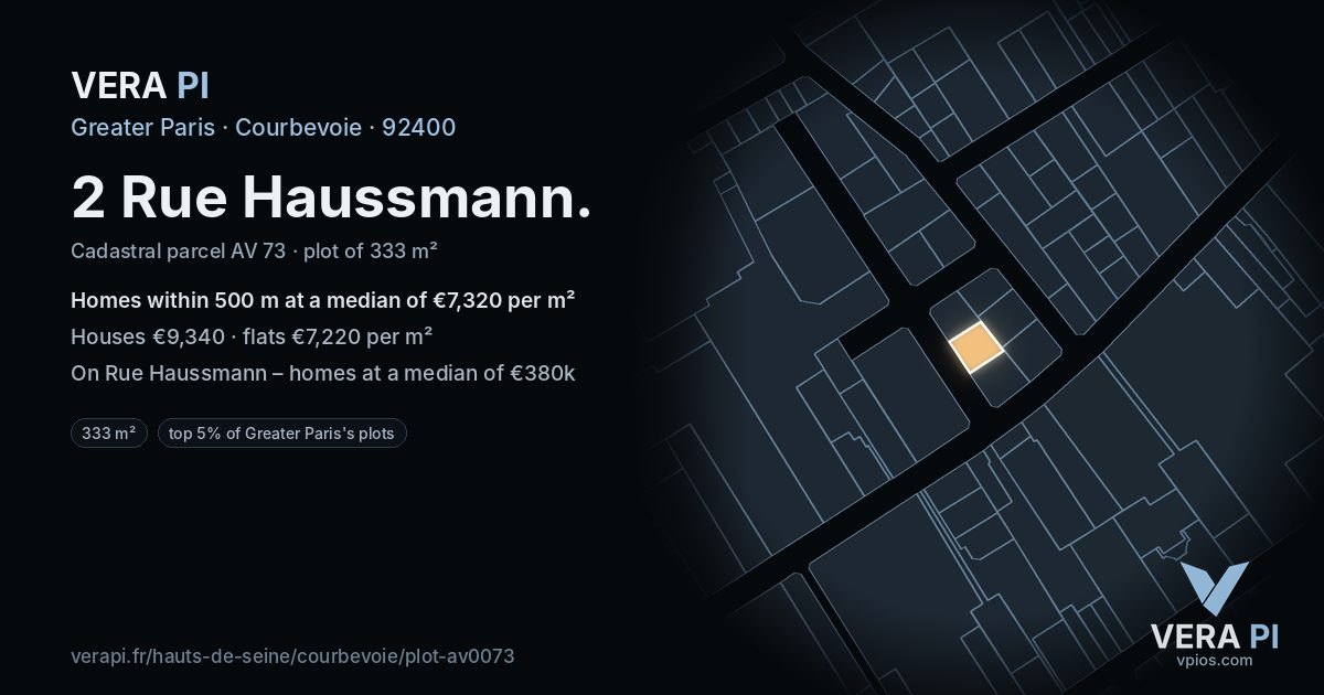 2 Rue Haussmann, Courbevoie at night – the plot lit, the parcels around coloured by the prices near them