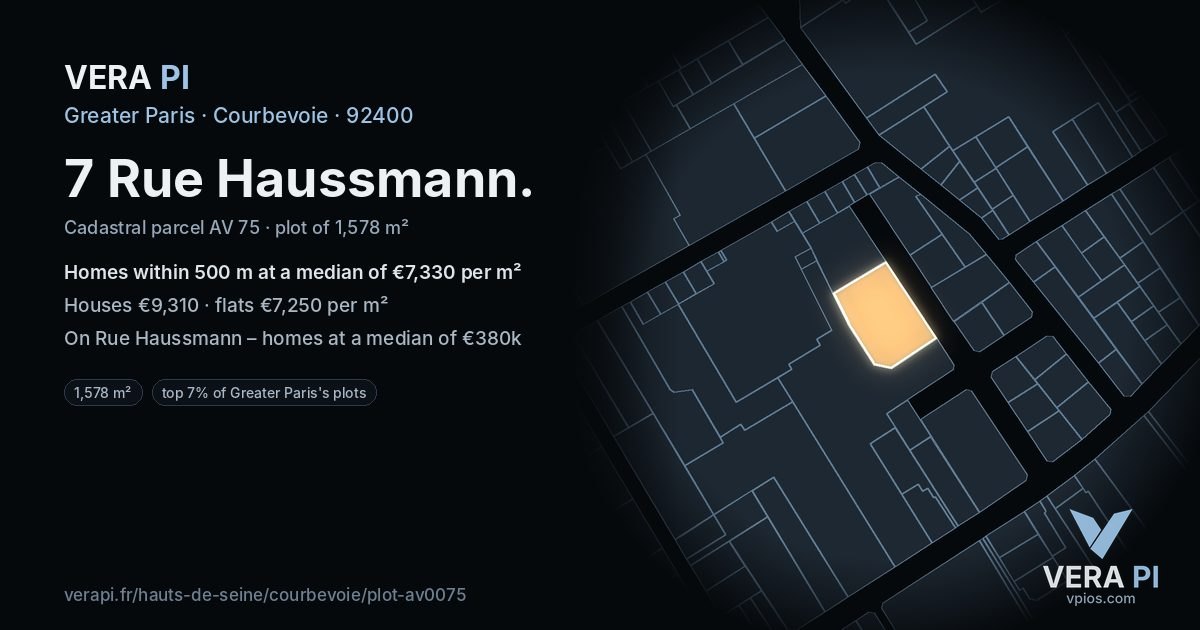 7 Rue Haussmann, Courbevoie at night – the plot lit, the parcels around coloured by the prices near them