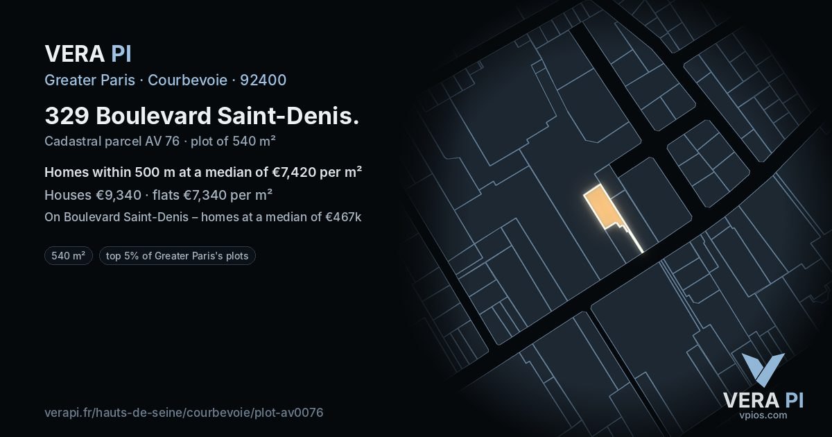329 Boulevard Saint-Denis, Courbevoie at night – the plot lit, the parcels around coloured by the prices near them