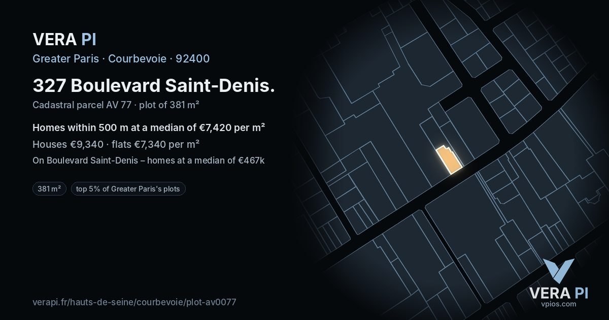 327 Boulevard Saint-Denis, Courbevoie at night – the plot lit, the parcels around coloured by the prices near them