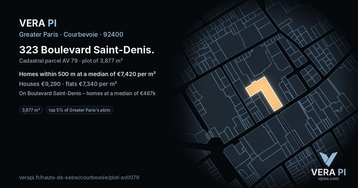 323 Boulevard Saint-Denis, Courbevoie at night – the plot lit, the parcels around coloured by the prices near them