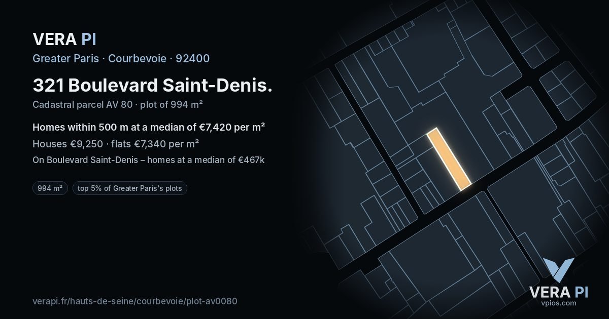 321 Boulevard Saint-Denis, Courbevoie at night – the plot lit, the parcels around coloured by the prices near them