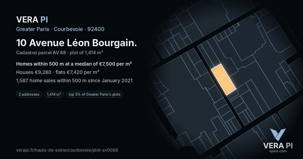10 Avenue Léon Bourgain, Courbevoie at night – the plot lit, the parcels around coloured by the prices near them