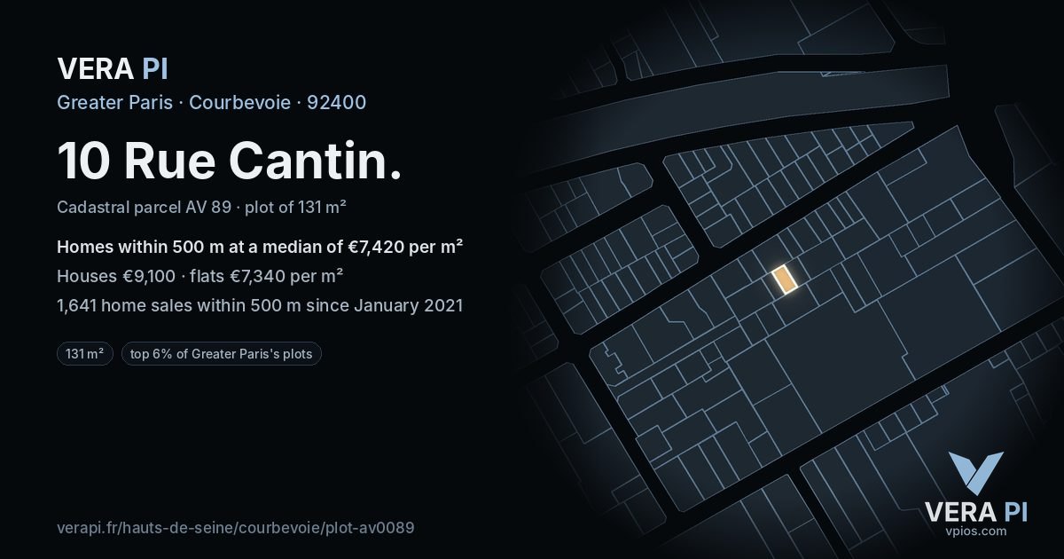 10 Rue Cantin, Courbevoie at night – the plot lit, the parcels around coloured by the prices near them