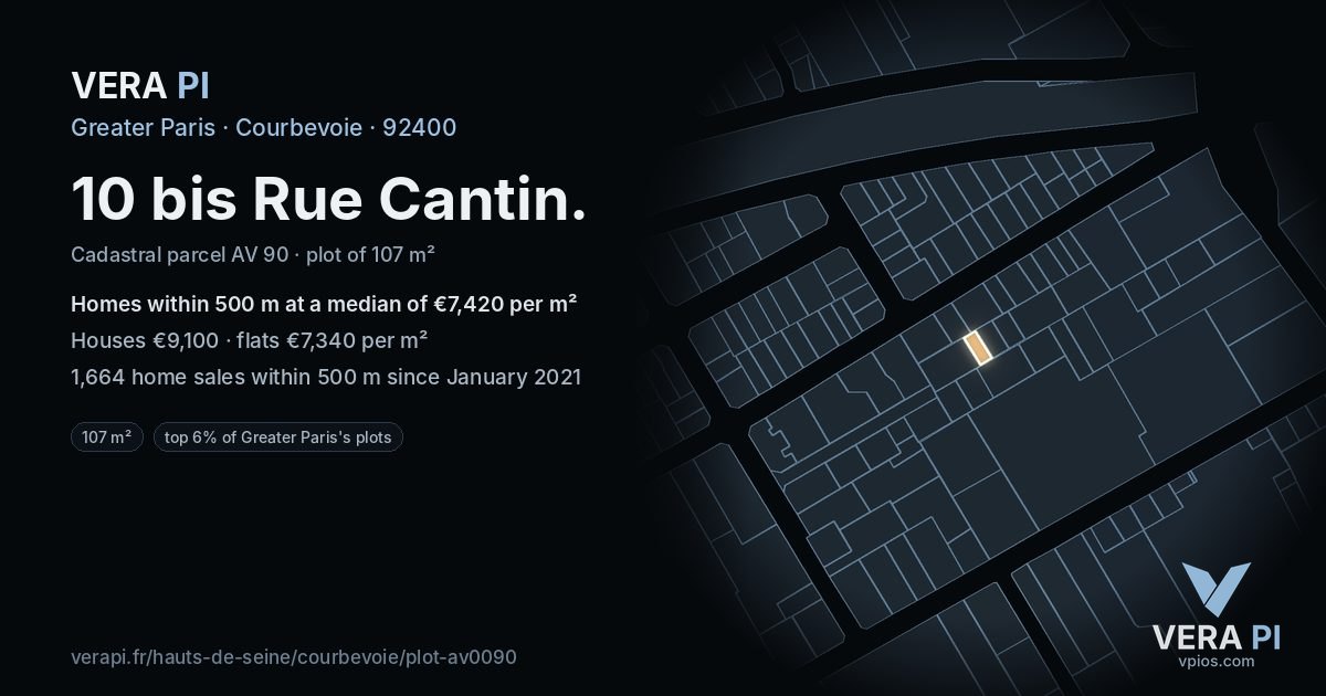 10 bis Rue Cantin, Courbevoie at night – the plot lit, the parcels around coloured by the prices near them