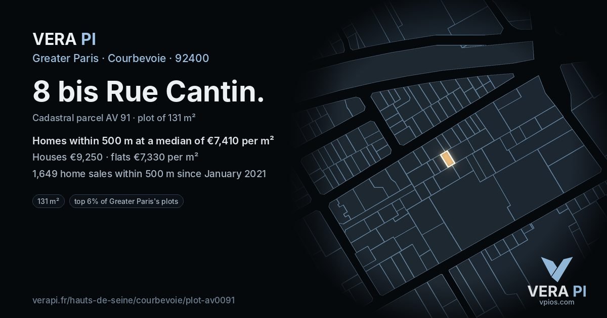 8 bis Rue Cantin, Courbevoie at night – the plot lit, the parcels around coloured by the prices near them
