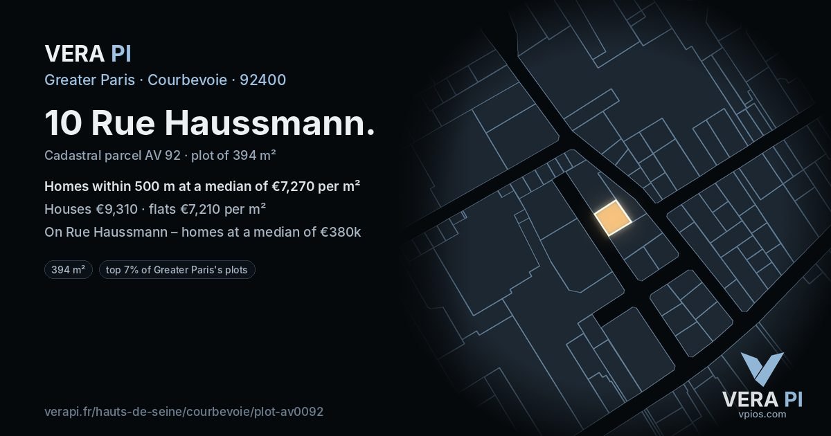 10 Rue Haussmann, Courbevoie at night – the plot lit, the parcels around coloured by the prices near them