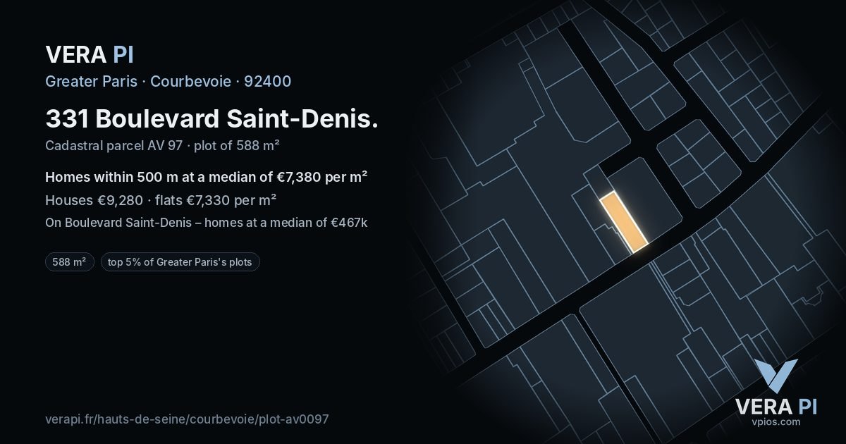 331 Boulevard Saint-Denis, Courbevoie at night – the plot lit, the parcels around coloured by the prices near them