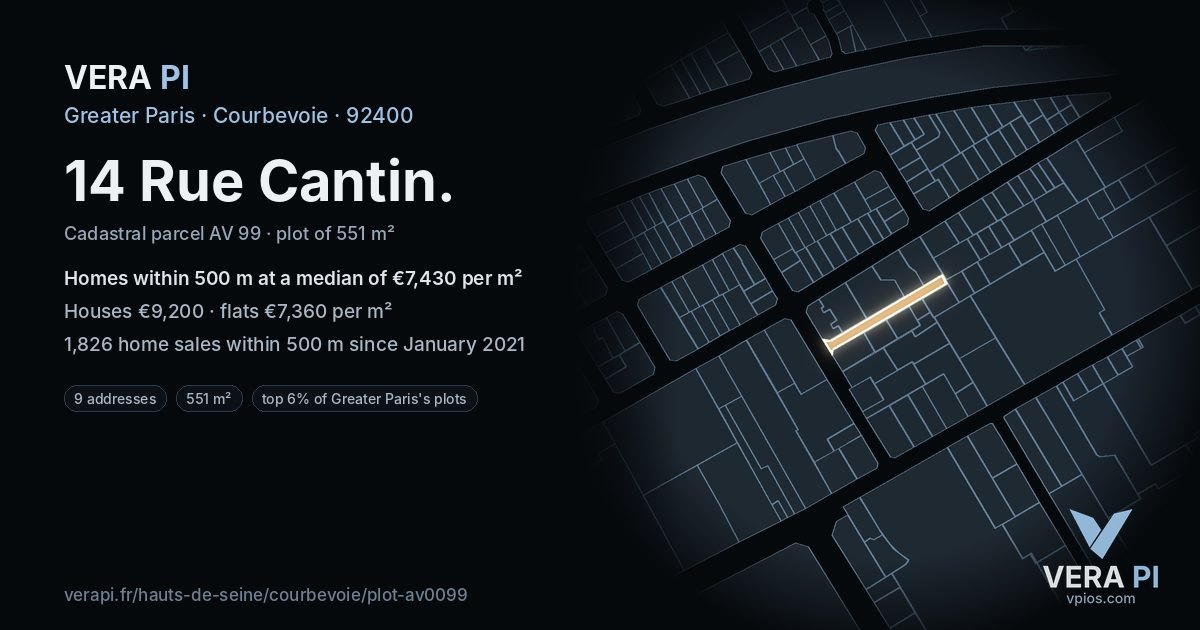 14 Rue Cantin, Courbevoie at night – the plot lit, the parcels around coloured by the prices near them