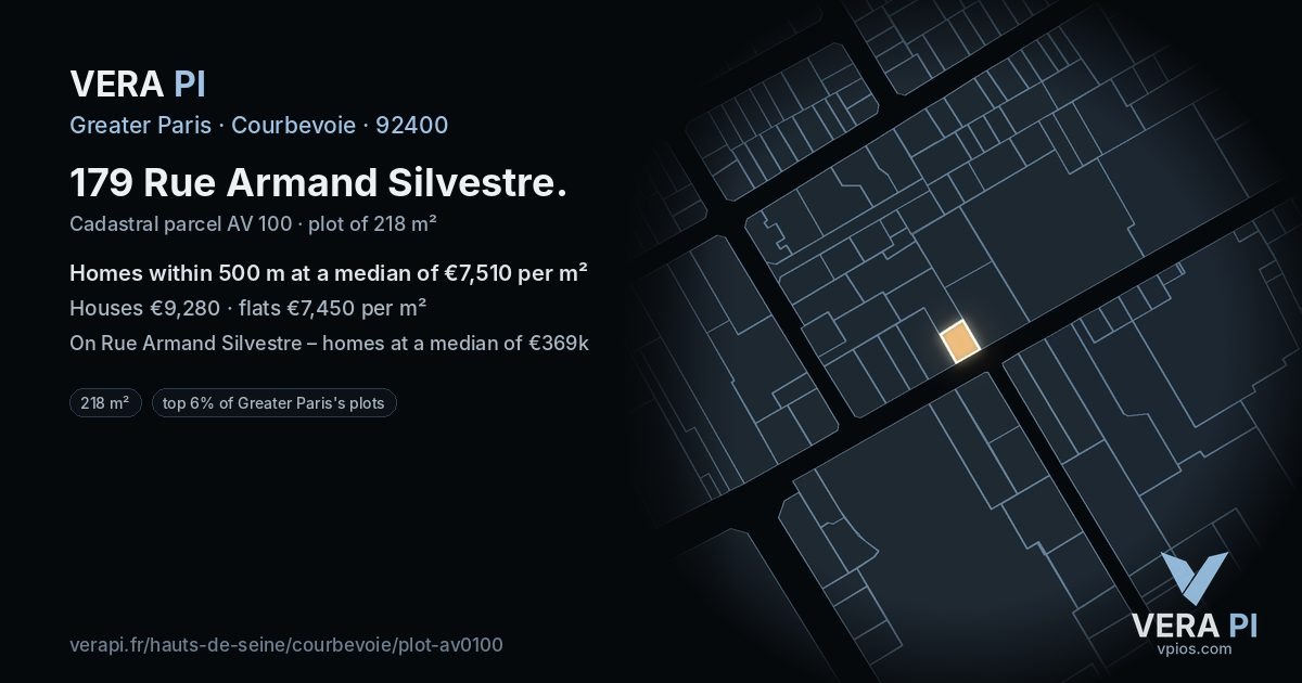 179 Rue Armand Silvestre, Courbevoie at night – the plot lit, the parcels around coloured by the prices near them