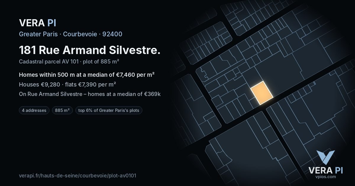 181 Rue Armand Silvestre, Courbevoie at night – the plot lit, the parcels around coloured by the prices near them