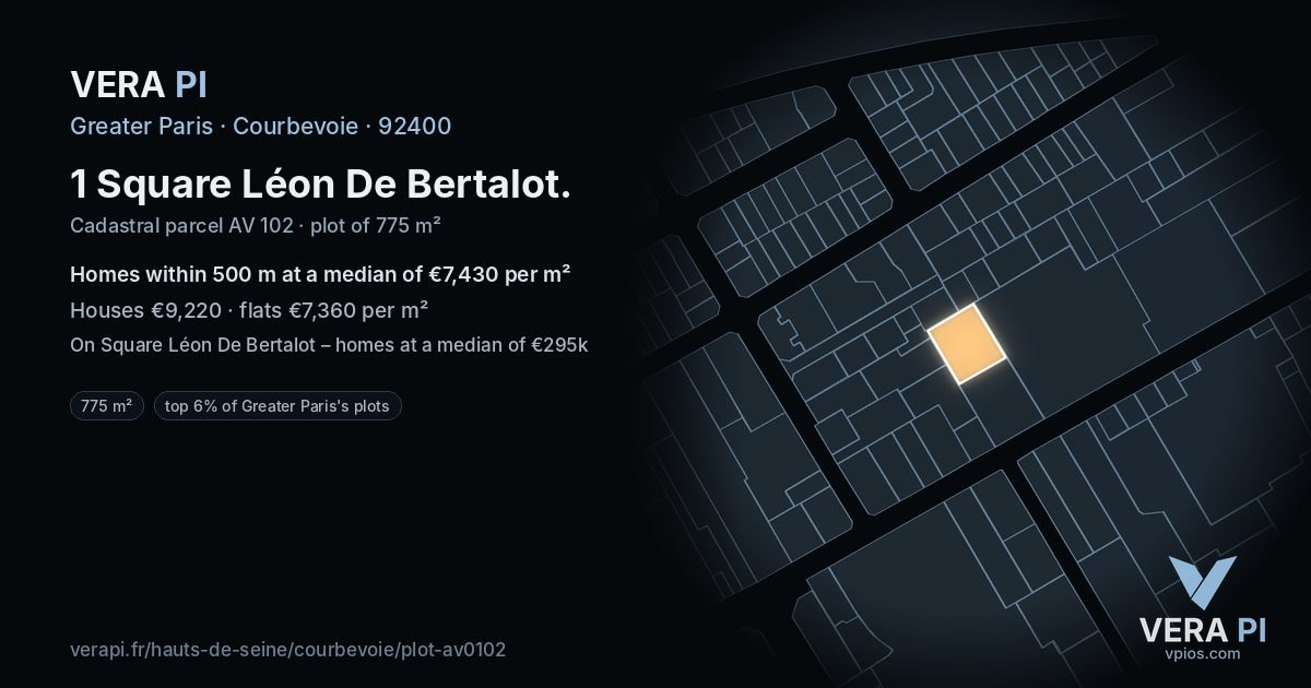 1 Square Léon De Bertalot, Courbevoie at night – the plot lit, the parcels around coloured by the prices near them